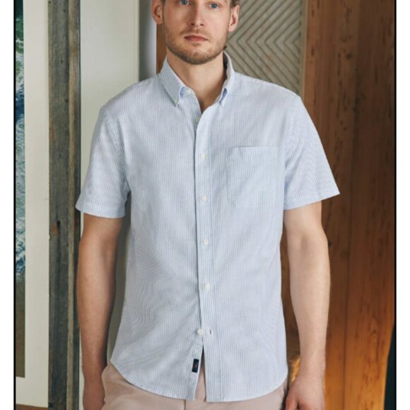 Faherty Tops - Faherty Short-Sleeve Supima Oxford Shirt Blue White Classic Stripe 26509